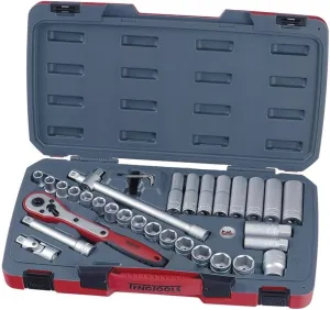 Teng Tools 34 Piece 1/2 Inch Drive 6 Point Metric Regular/Shallow & Deep Socket Set - T1234