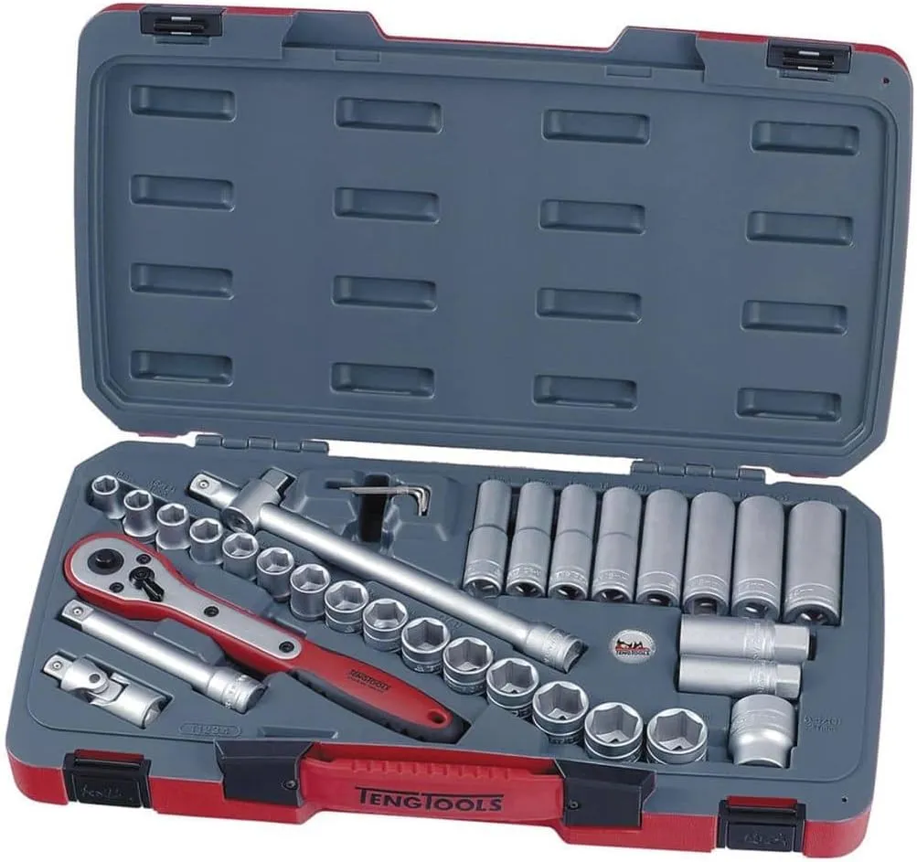 Teng Tools 34 Piece 1/2 Inch Drive 6 Point Metric Regular/Shallow & Deep Socket Set - T1234