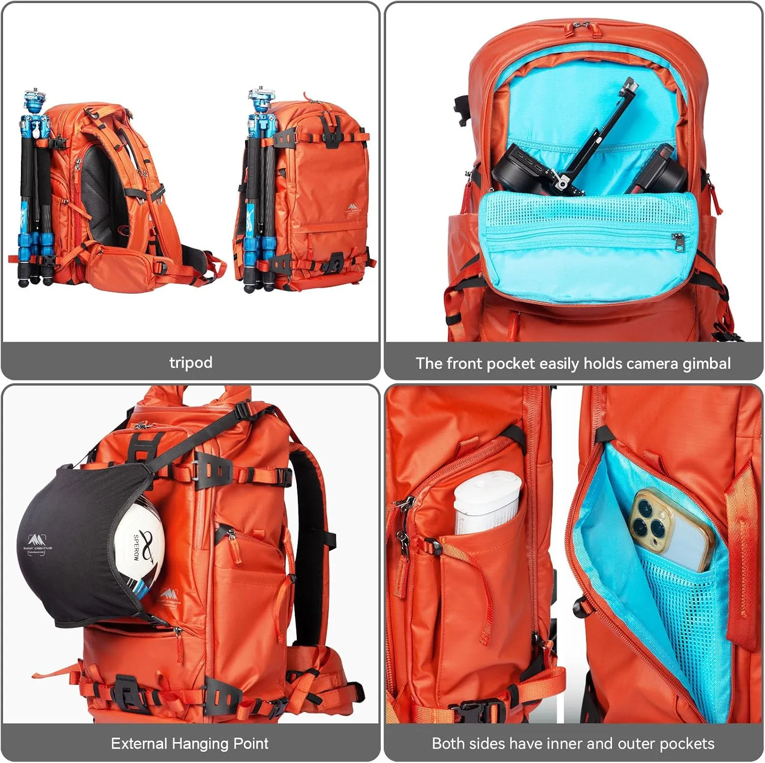 Tenzing 35L Camera Backpack with Rain Cover for Photographers 16 inch Laptop Compartment Waterproof Large Camera Bag for Drone,Cameras, Batteries, Lenses,Tripod(Orange)