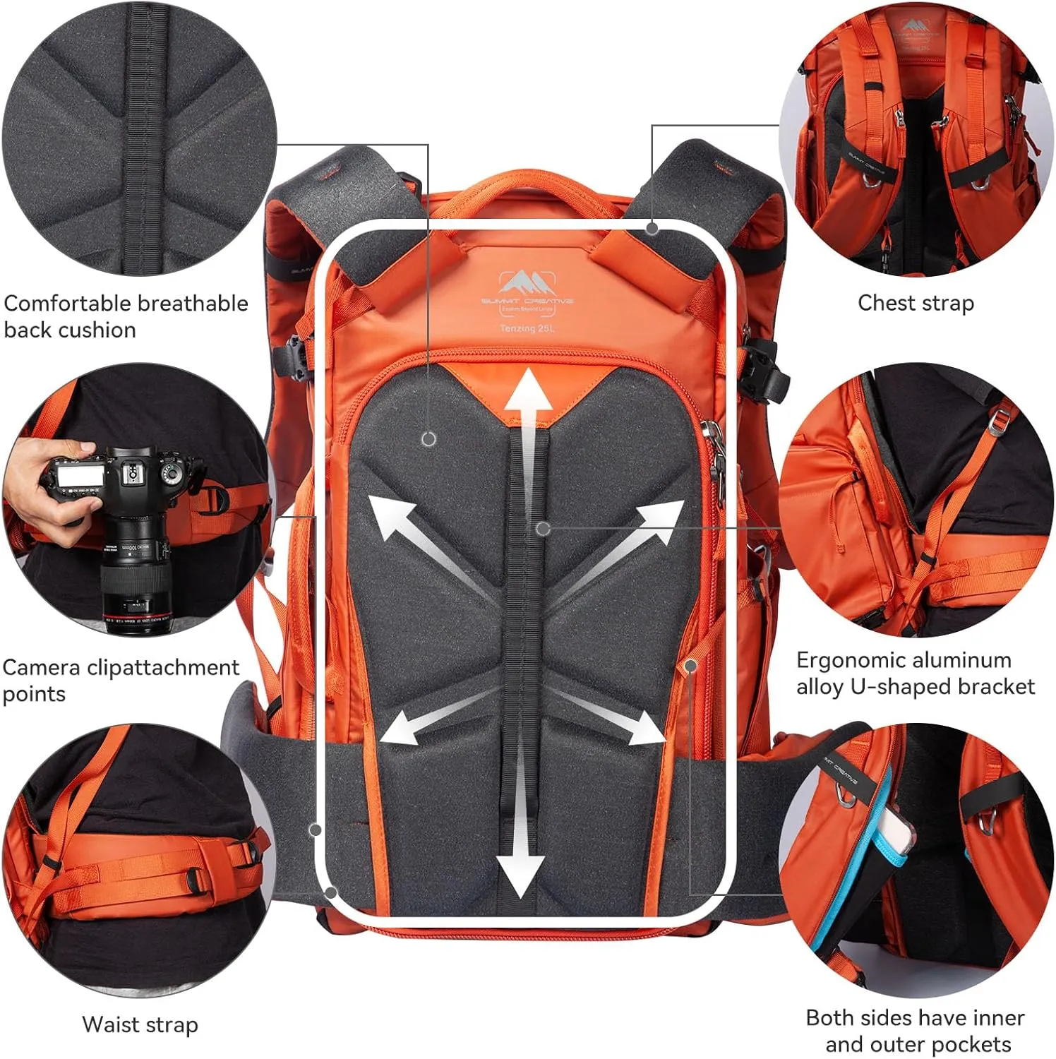 Tenzing 35L Camera Backpack with Rain Cover for Photographers 16 inch Laptop Compartment Waterproof Large Camera Bag for Drone,Cameras, Batteries, Lenses,Tripod(Orange)