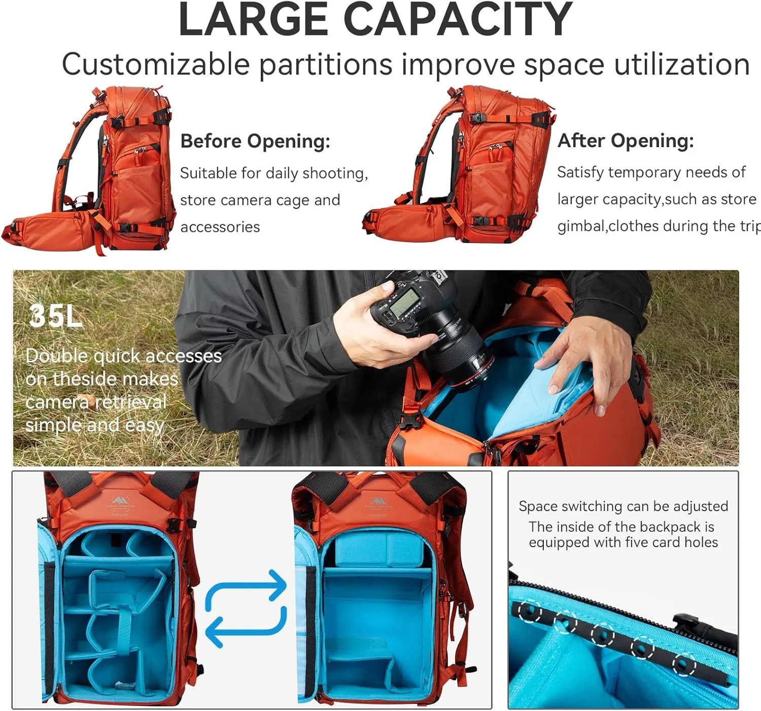Tenzing 35L Camera Backpack with Rain Cover for Photographers 16 inch Laptop Compartment Waterproof Large Camera Bag for Drone,Cameras, Batteries, Lenses,Tripod(Orange)