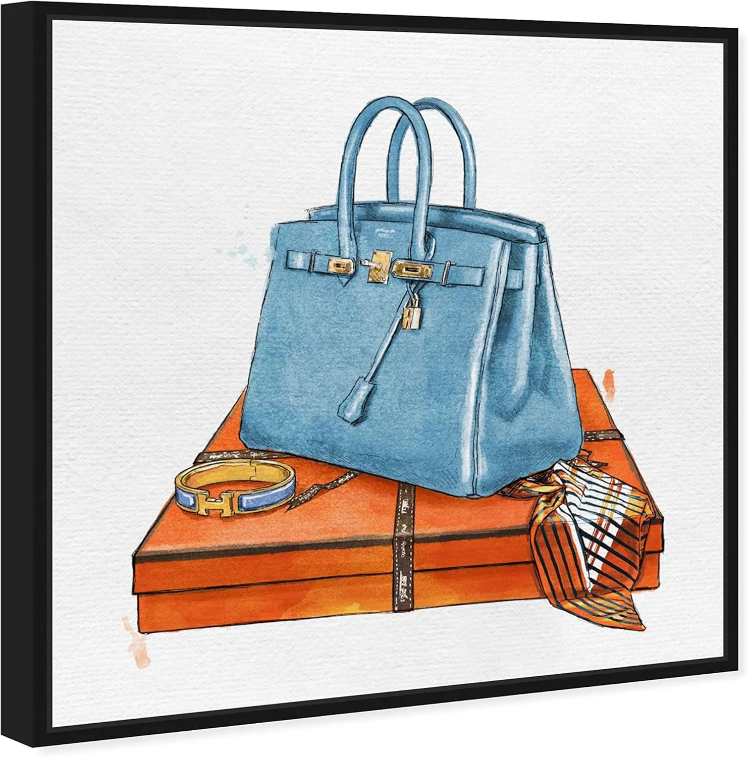 The Oliver Gal Artist Co. Fashion and Glam Framed Wall Art Canvas Prints 'My Bag Collection III' Handbags Home Décor, 12" x 12", Blue, Orange