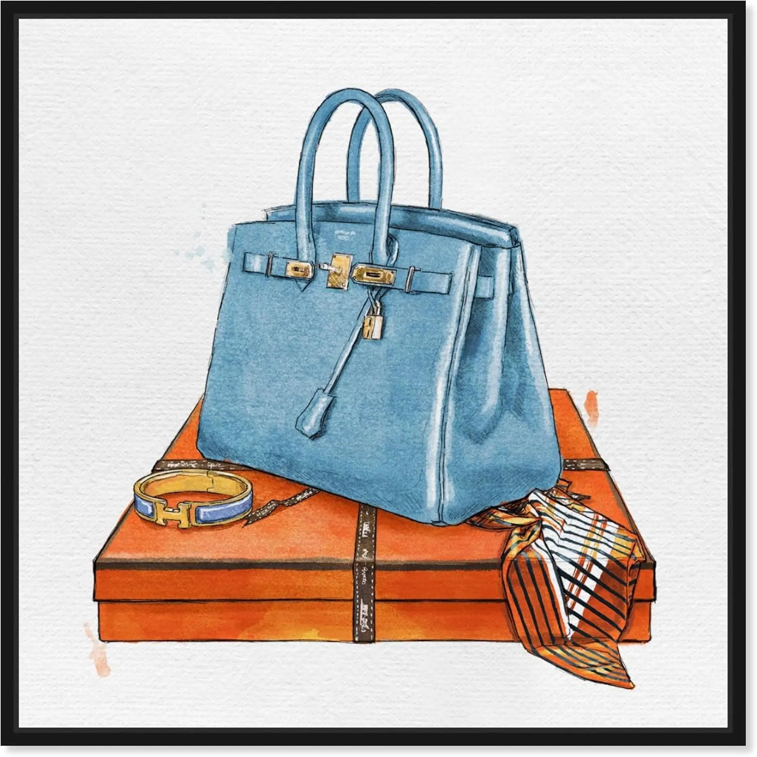 The Oliver Gal Artist Co. Fashion and Glam Framed Wall Art Canvas Prints 'My Bag Collection III' Handbags Home Décor, 12" x 12", Blue, Orange
