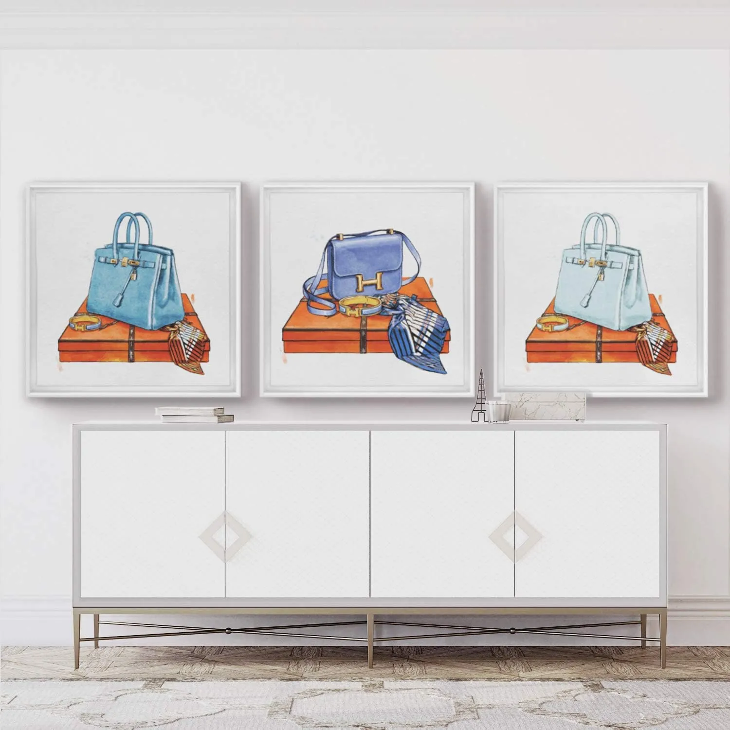 The Oliver Gal Artist Co. Fashion and Glam Framed Wall Art Canvas Prints 'My Bag Collection III' Handbags Home Décor, 12" x 12", Blue, Orange