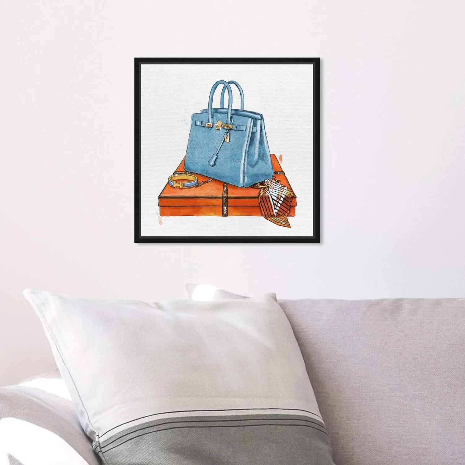 The Oliver Gal Artist Co. Fashion and Glam Framed Wall Art Canvas Prints 'My Bag Collection III' Handbags Home Décor, 12" x 12", Blue, Orange