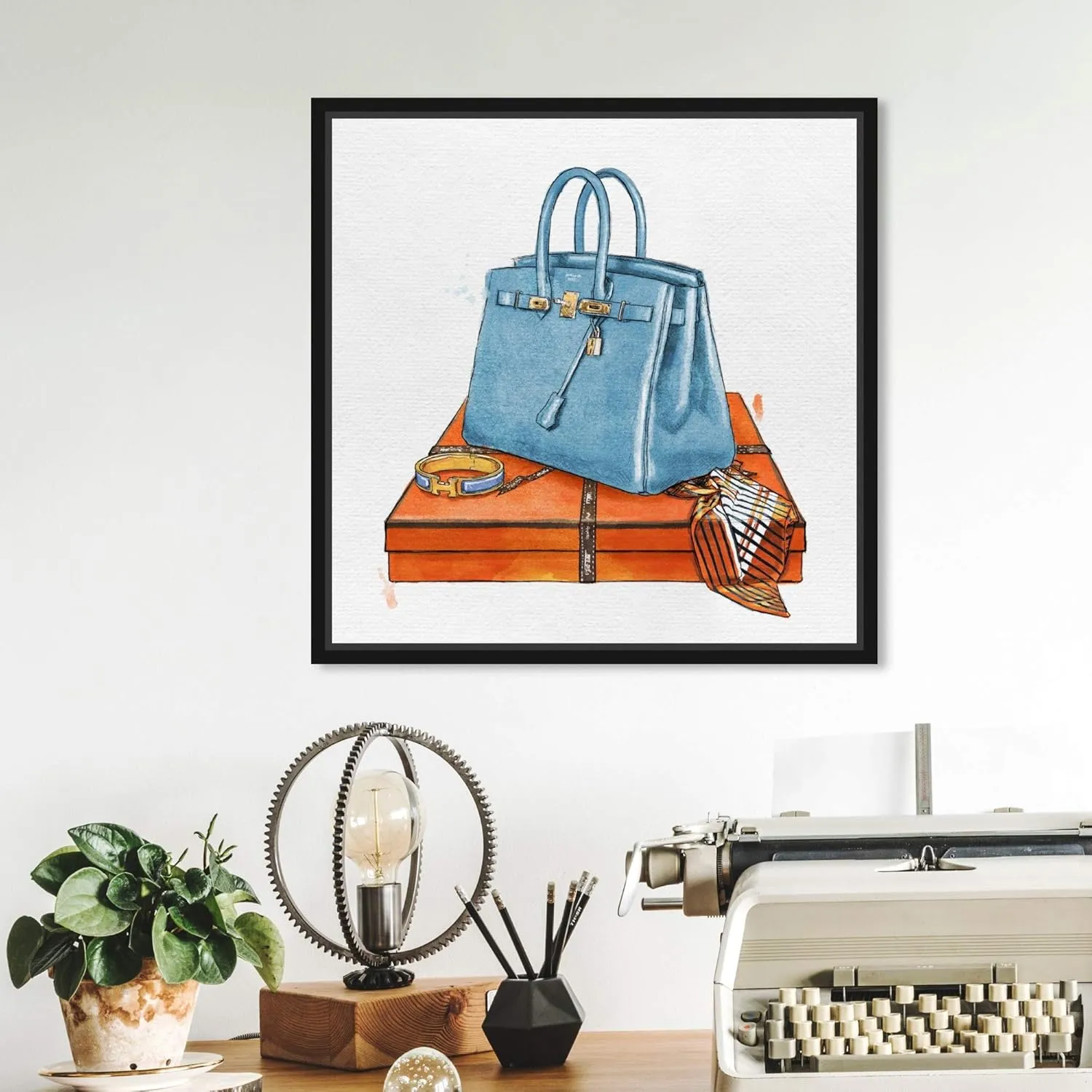 The Oliver Gal Artist Co. Fashion and Glam Framed Wall Art Canvas Prints 'My Bag Collection III' Handbags Home Décor, 12" x 12", Blue, Orange