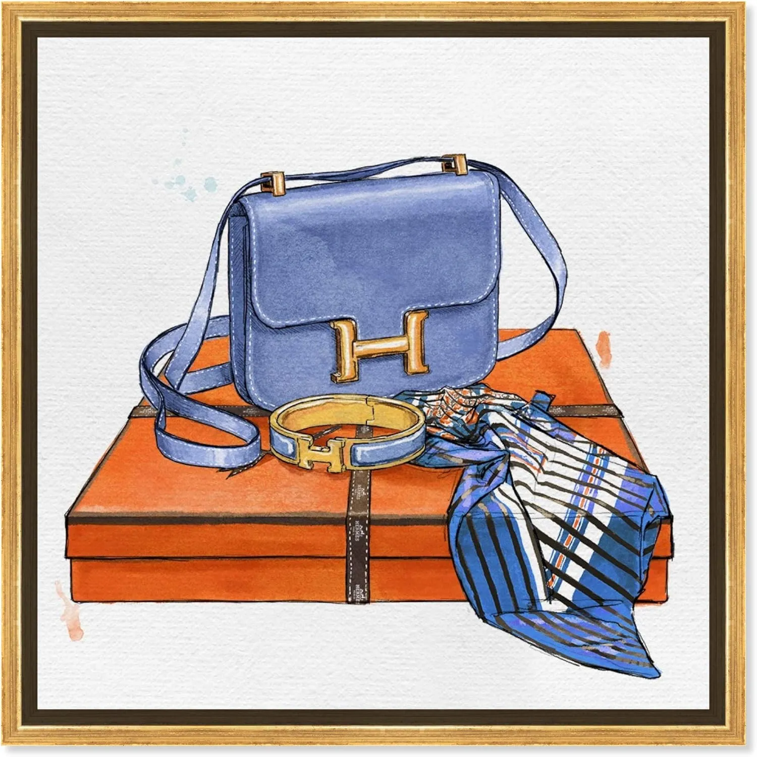 The Oliver Gal Artist Co. Fashion and Glam Framed Wall Art Canvas Prints 'My Bag Collection VI' Handbags Home Décor, 16" x 16", Blue, Orange
