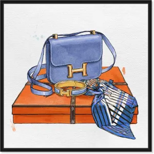 The Oliver Gal Artist Co. Fashion and Glam Framed Wall Art Canvas Prints 'My Bag Collection VI' Handbags Home Décor, 16" x 16", Blue, Orange