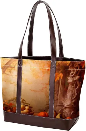 The Tote Bag For Women,Tote Bag With Zipper,Canvas Tote Bag,Autumn Forest Harvest Fruit Handbags