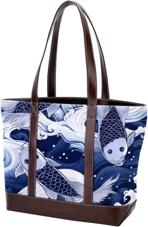 The Tote Bag For Women,Tote Bag With Zipper,Canvas Tote Bag,Blue Fish Luck Koi Handbags
