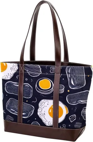 The Tote Bag For Women,Tote Bag With Zipper,Canvas Tote Bag,Breakfast Coffee Fried Egg Handbags