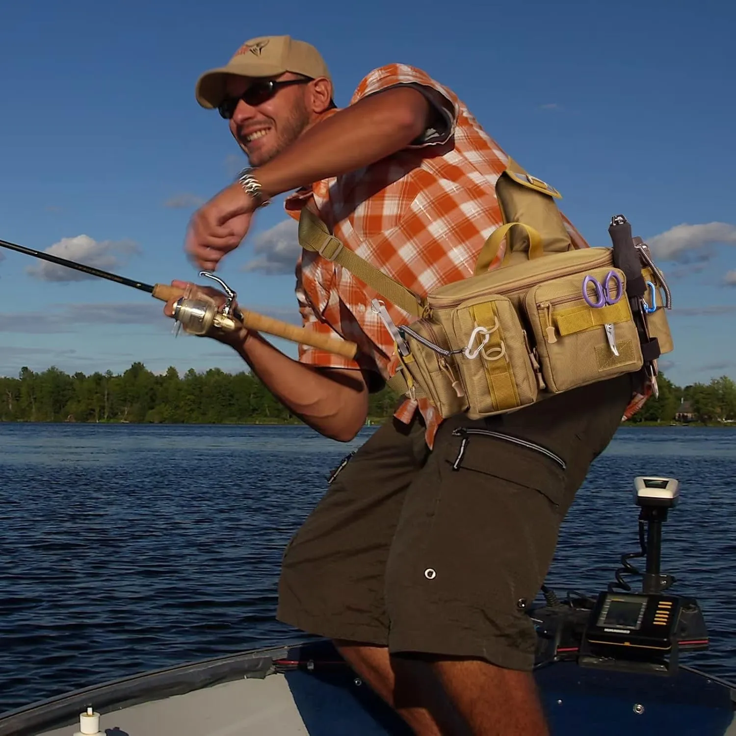 THKFISH Fishing Tackle Bag Fly Fishing Bag Sling Pack Portable Fishing fanny pack Waist Pack with D-Rings and Waist Strap Bluecamo