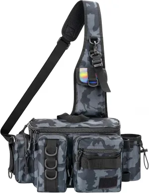 THKFISH Fishing Tackle Bag Fly Fishing Bag Sling Pack Portable Fishing fanny pack Waist Pack with D-Rings and Waist Strap Bluecamo