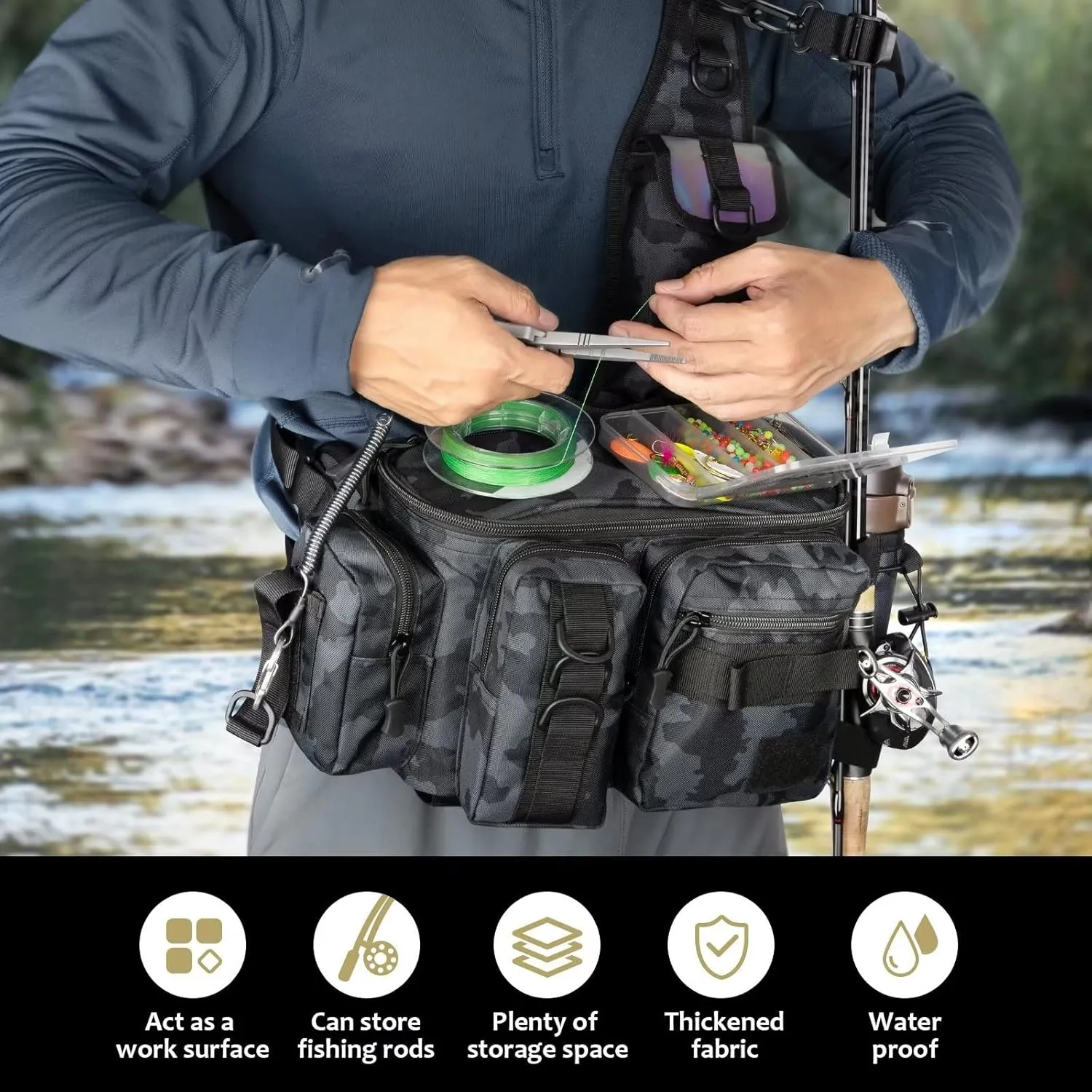 THKFISH Fishing Tackle Bag Fly Fishing Bag Sling Pack Portable Fishing fanny pack Waist Pack with D-Rings and Waist Strap Bluecamo