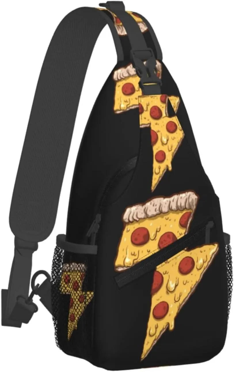Thunder Cheesy Pizza Crossbody Bag Cross Chest Bag Adjustable Sling Backpack Sports Gym Shoulder Bags Travel Cycling Daypack Diagonally Casual Rucksack