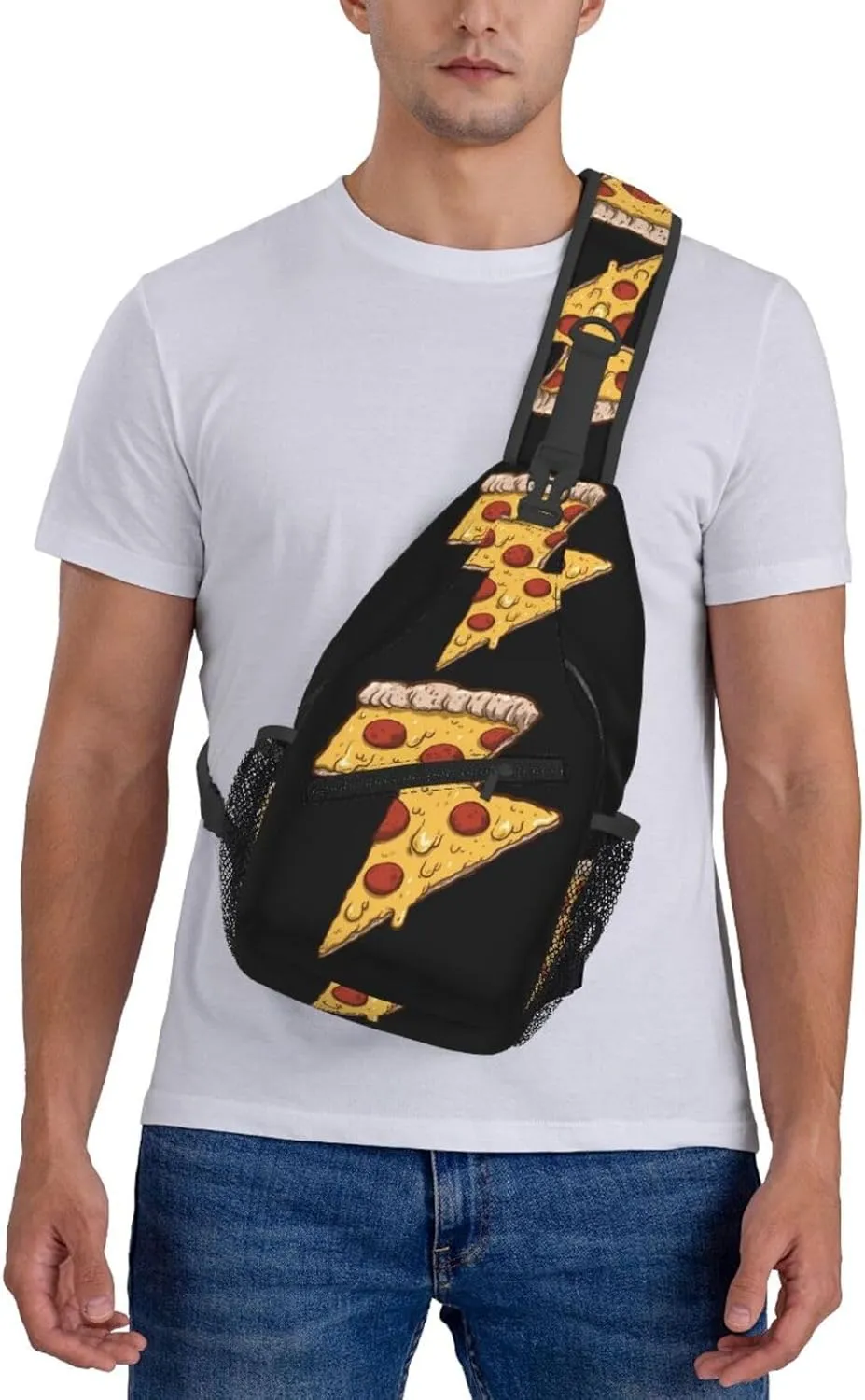 Thunder Cheesy Pizza Crossbody Bag Cross Chest Bag Adjustable Sling Backpack Sports Gym Shoulder Bags Travel Cycling Daypack Diagonally Casual Rucksack