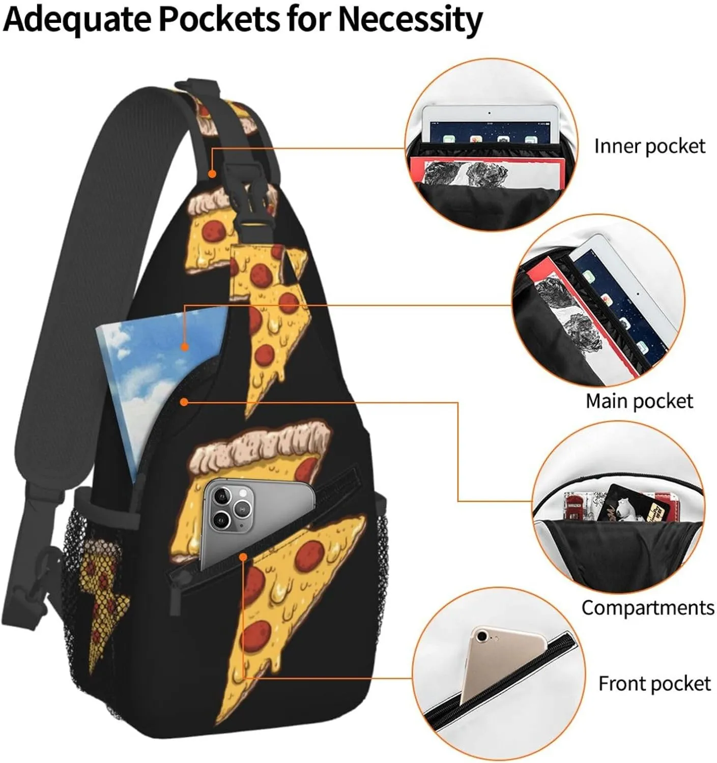 Thunder Cheesy Pizza Crossbody Bag Cross Chest Bag Adjustable Sling Backpack Sports Gym Shoulder Bags Travel Cycling Daypack Diagonally Casual Rucksack