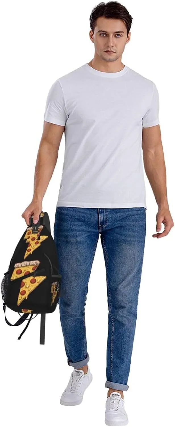 Thunder Cheesy Pizza Crossbody Bag Cross Chest Bag Adjustable Sling Backpack Sports Gym Shoulder Bags Travel Cycling Daypack Diagonally Casual Rucksack