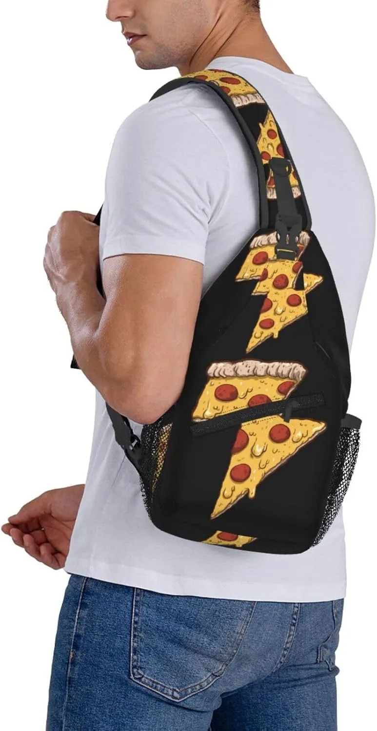Thunder Cheesy Pizza Crossbody Bag Cross Chest Bag Adjustable Sling Backpack Sports Gym Shoulder Bags Travel Cycling Daypack Diagonally Casual Rucksack