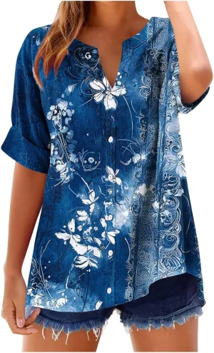 Tie Dye Tops for Women Summer Casual V Neck Tunic Loose Fit Short Sleeve Blouse Lightweight Floral Graphic Shirt