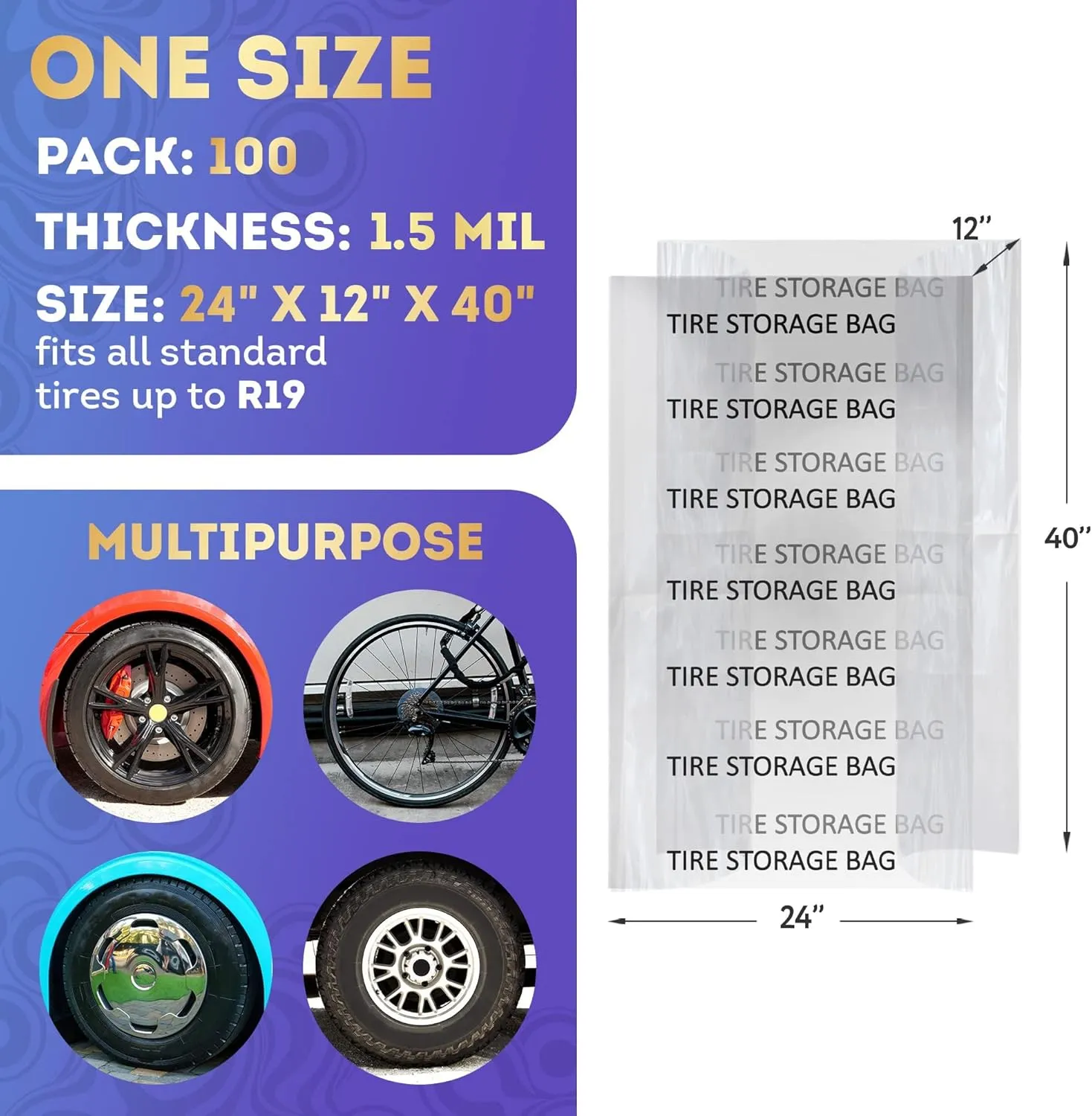 Tire Storage Bags, 24 x 12 x 40 Inch. 100 Pack 1.5 Mil PE Tire Storage Bag Up To R19 Tires. Tear Resistant Tire Bags for Car, Bike, Bicycle