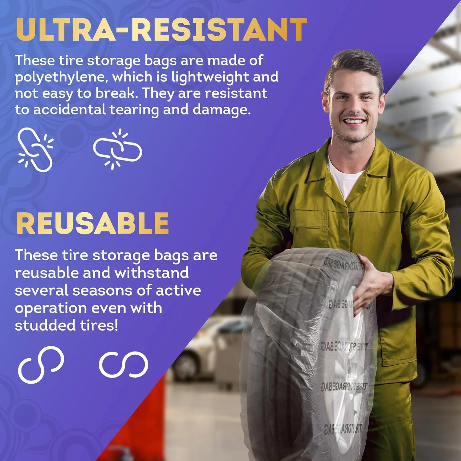 Tire Storage Bags, 24 x 12 x 40 Inch. 100 Pack 1.5 Mil PE Tire Storage Bag Up To R19 Tires. Tear Resistant Tire Bags for Car, Bike, Bicycle