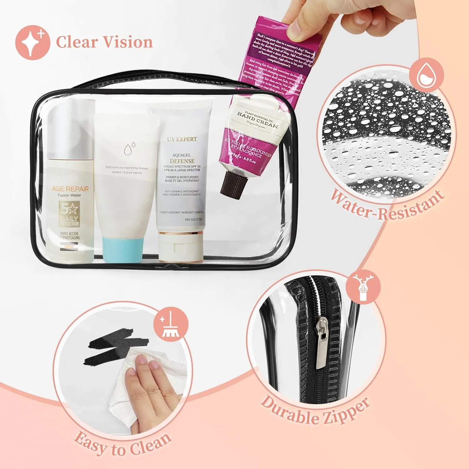 TISRATOK 12 PCS Clear Makeup Bag for Women with Zipper, TSA Approved Toiletry Pouch, Cosmetic Bag Bulk for Travel Organizer Essentials - Black,Medium