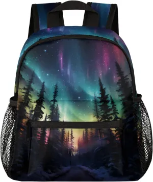 Toddler Backpack Northern Lights Aurora Kindergarden Kids Bacpack for Boys Girls Preschool Bag Fantasy Aurora Lightweight Small Travel Rucksack Bag with Bottle Holder