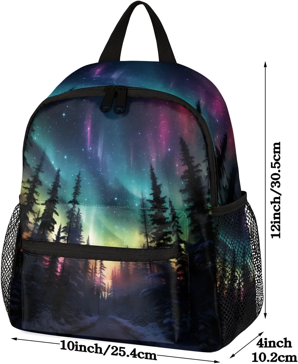 Toddler Backpack Northern Lights Aurora Kindergarden Kids Bacpack for Boys Girls Preschool Bag Fantasy Aurora Lightweight Small Travel Rucksack Bag with Bottle Holder