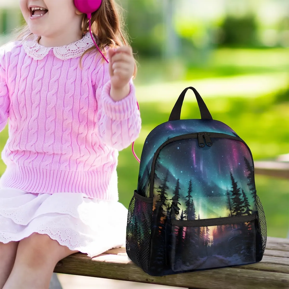 Toddler Backpack Northern Lights Aurora Kindergarden Kids Bacpack for Boys Girls Preschool Bag Fantasy Aurora Lightweight Small Travel Rucksack Bag with Bottle Holder