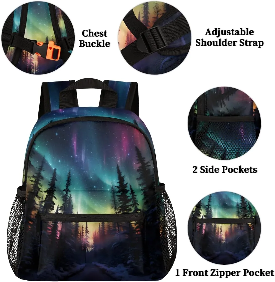 Toddler Backpack Northern Lights Aurora Kindergarden Kids Bacpack for Boys Girls Preschool Bag Fantasy Aurora Lightweight Small Travel Rucksack Bag with Bottle Holder