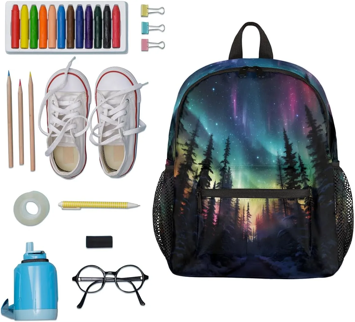 Toddler Backpack Northern Lights Aurora Kindergarden Kids Bacpack for Boys Girls Preschool Bag Fantasy Aurora Lightweight Small Travel Rucksack Bag with Bottle Holder