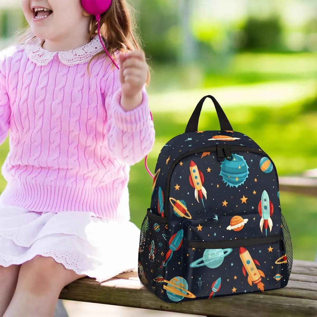 Toddler Backpack Space Planet Kindergarden Kids Bacpack for Boys Girls Preschool Bag Rocket Universe Lightweight Small Travel Rucksack Bag with Bottle Holder