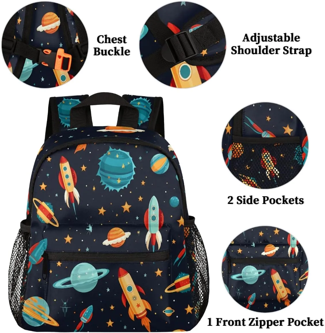 Toddler Backpack Space Planet Kindergarden Kids Bacpack for Boys Girls Preschool Bag Rocket Universe Lightweight Small Travel Rucksack Bag with Bottle Holder
