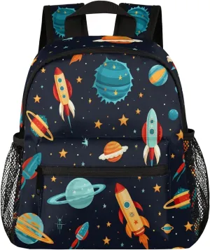 Toddler Backpack Space Planet Kindergarden Kids Bacpack for Boys Girls Preschool Bag Rocket Universe Lightweight Small Travel Rucksack Bag with Bottle Holder