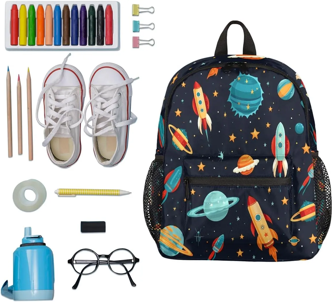 Toddler Backpack Space Planet Kindergarden Kids Bacpack for Boys Girls Preschool Bag Rocket Universe Lightweight Small Travel Rucksack Bag with Bottle Holder