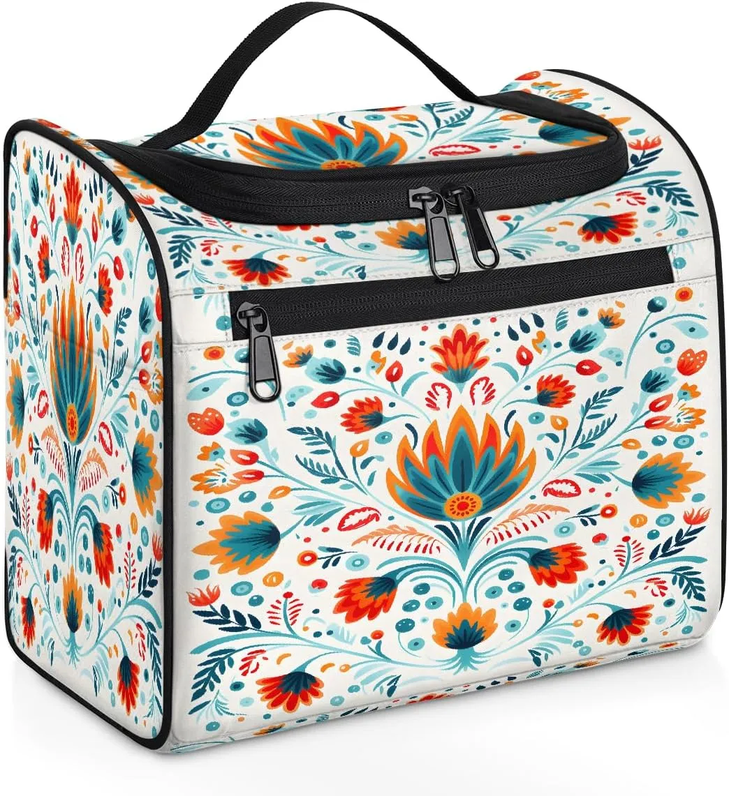 Toiletry Bag with Hanging Hook Makeup Bag Orange Flower Symmetrical Pattern Ethnic Totem Cosmetic Case Travel Organizer for Women Men Traveling Wash Bag