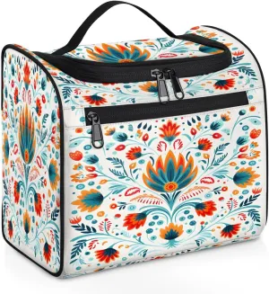 Toiletry Bag with Hanging Hook Makeup Bag Orange Flower Symmetrical Pattern Ethnic Totem Cosmetic Case Travel Organizer for Women Men Traveling Wash Bag