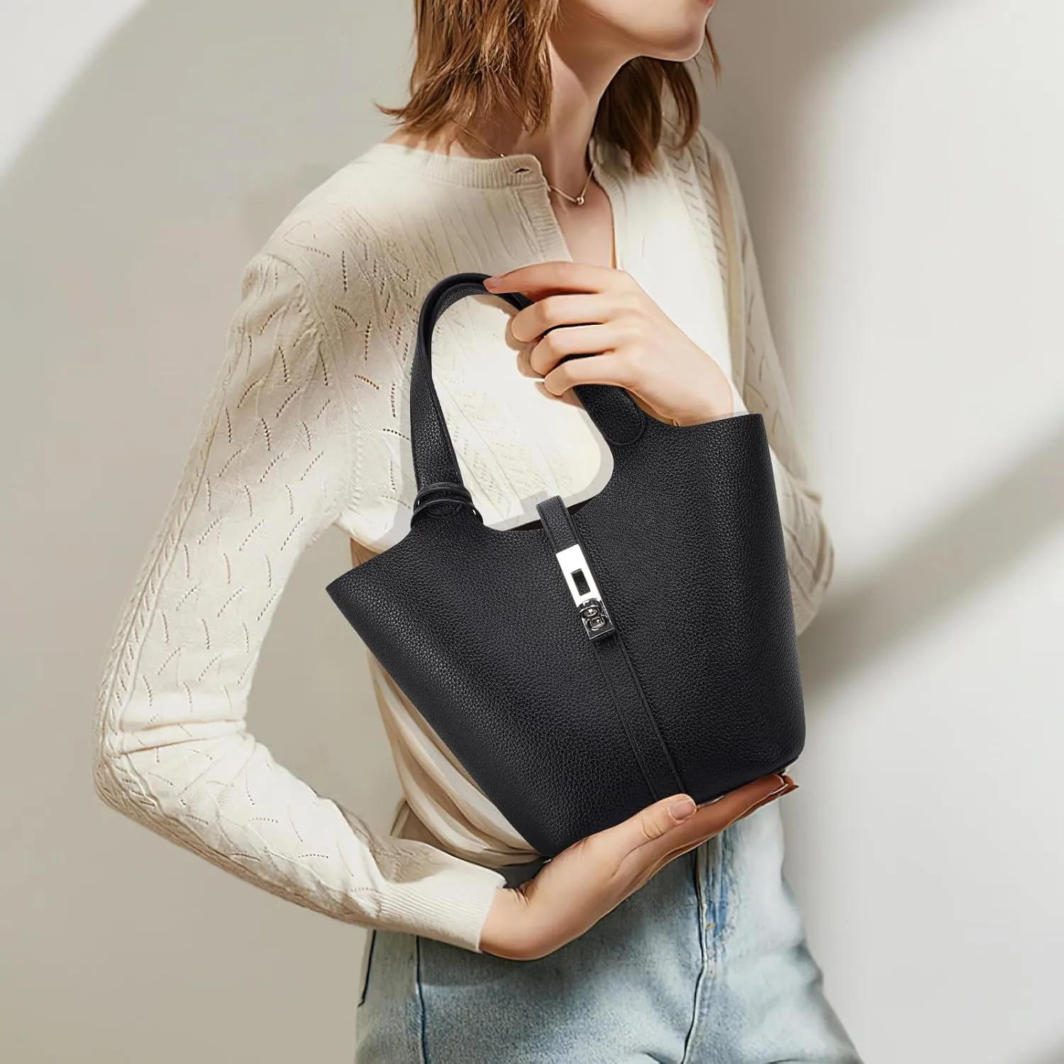 Top Handle Bag for Women Vegan Leather Bucket Bag for Women Shoulder Purse Satchel with Detachable Small Purse