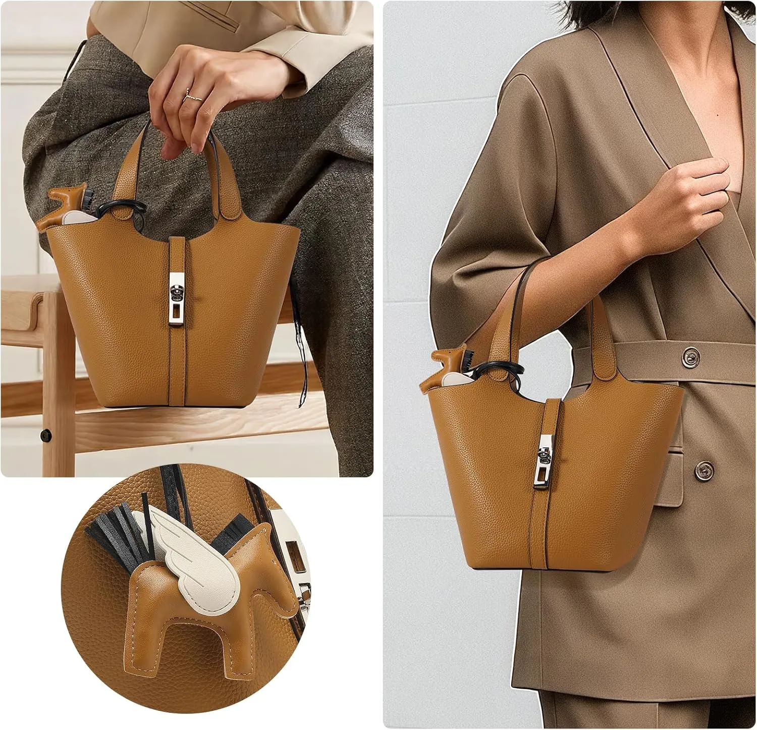 Top Handle Bag for Women Vegan Leather Bucket Bag for Women Shoulder Purse Satchel with Detachable Small Purse