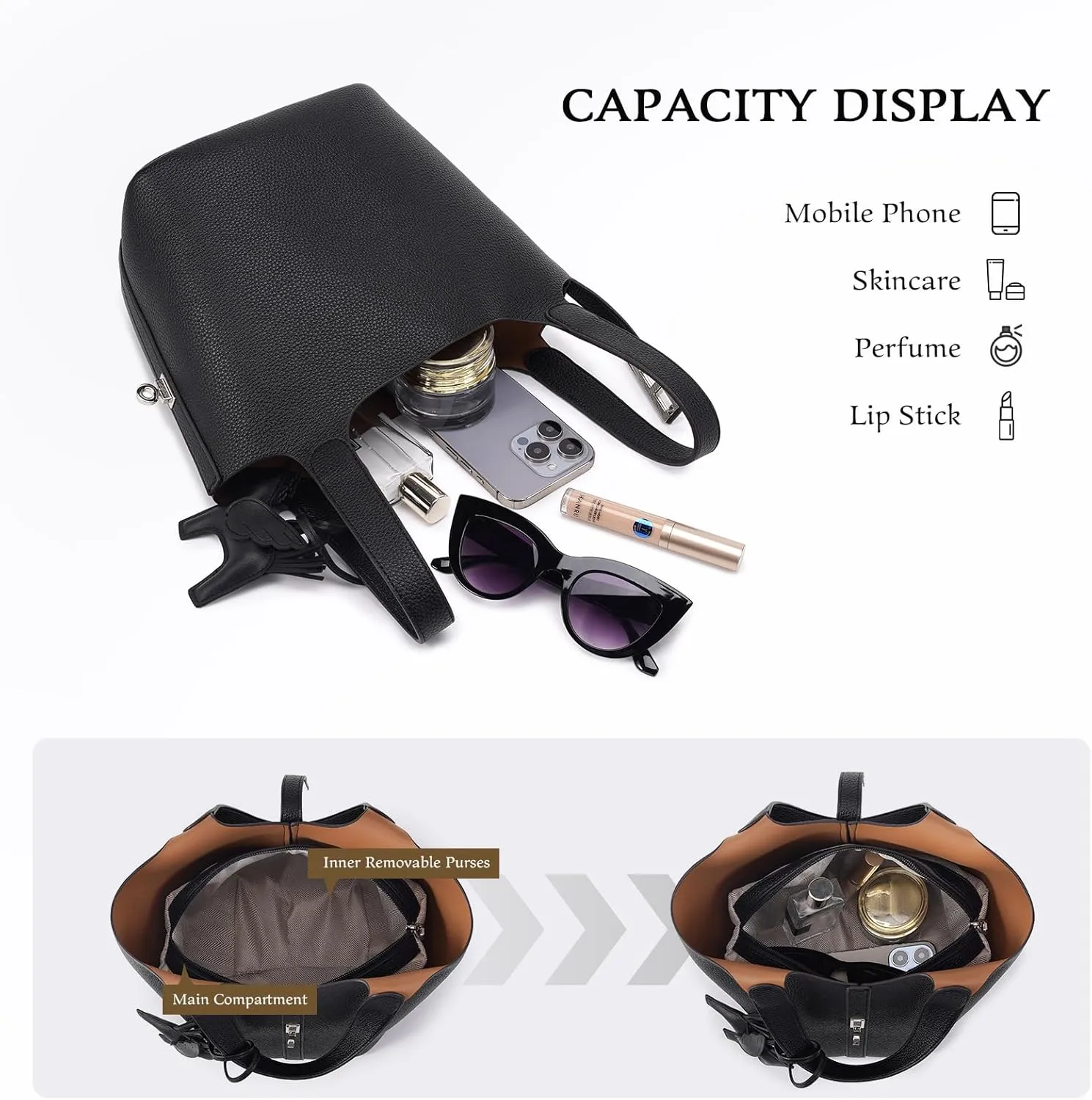Top Handle Bag for Women Vegan Leather Bucket Bag for Women Shoulder Purse Satchel with Detachable Small Purse