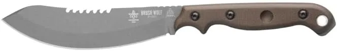 Tops Knives Brush Wolf Full Tang Fixed Blade- Tungsten Cerakote Blade Finish- Brown Leather Sheath w/Dangler (Green Canvas Micarta Handle)