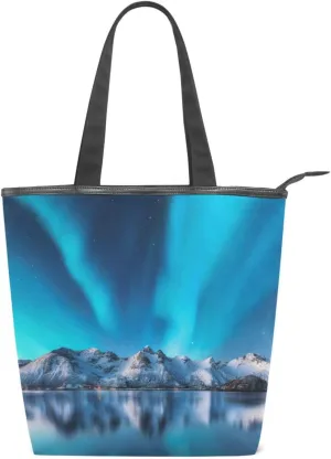 Tote Bag Aurora Borealis Canvas Zippered Tote Handbag for Women with 2 Interior Pockets