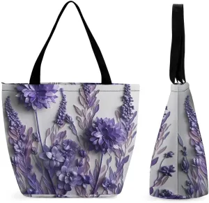 Tote Bag for Women Grocery Bag Purple Flower Foldable Shopping Bags Reusable Large Tote Bag