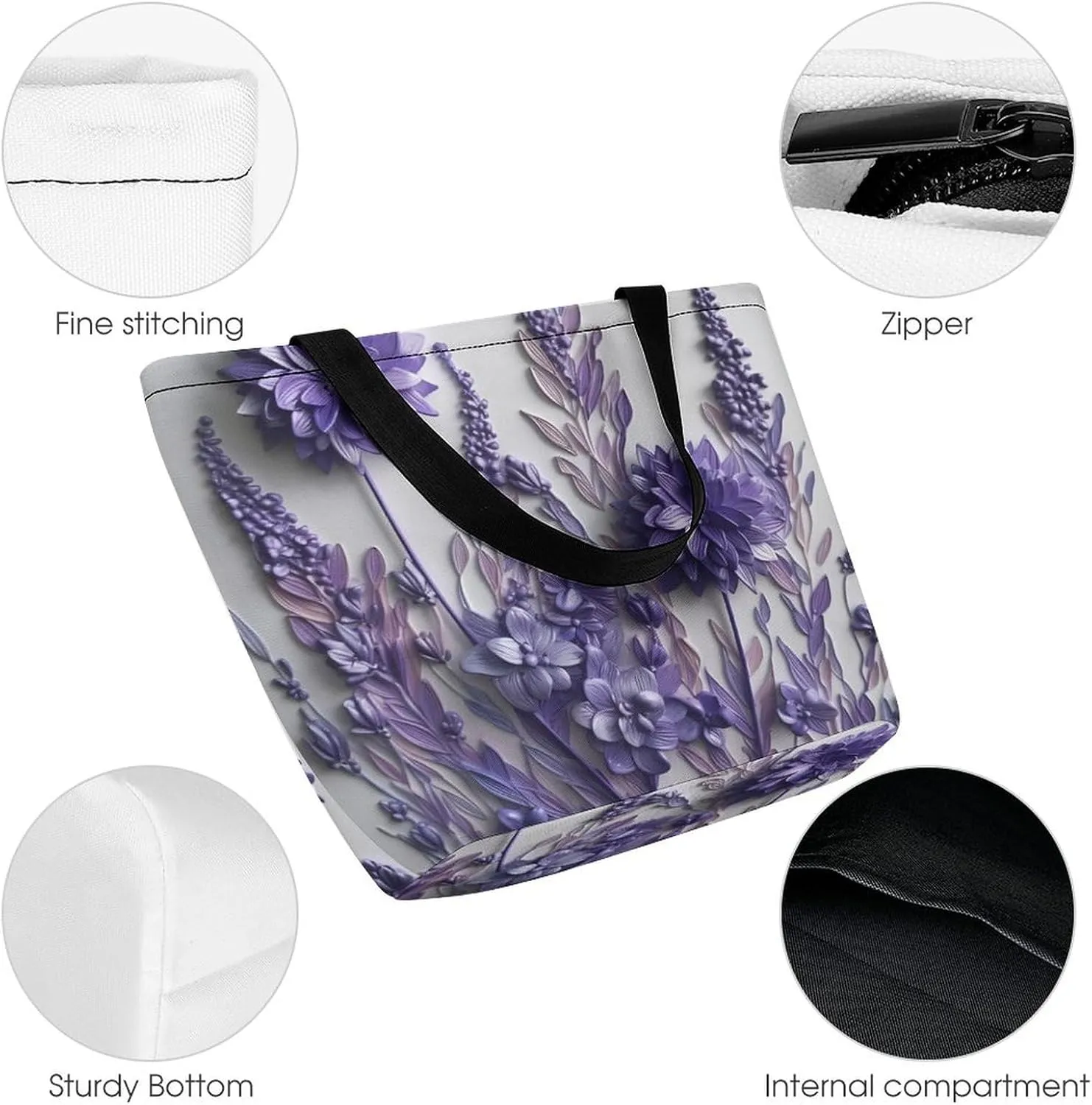 Tote Bag for Women Grocery Bag Purple Flower Foldable Shopping Bags Reusable Large Tote Bag