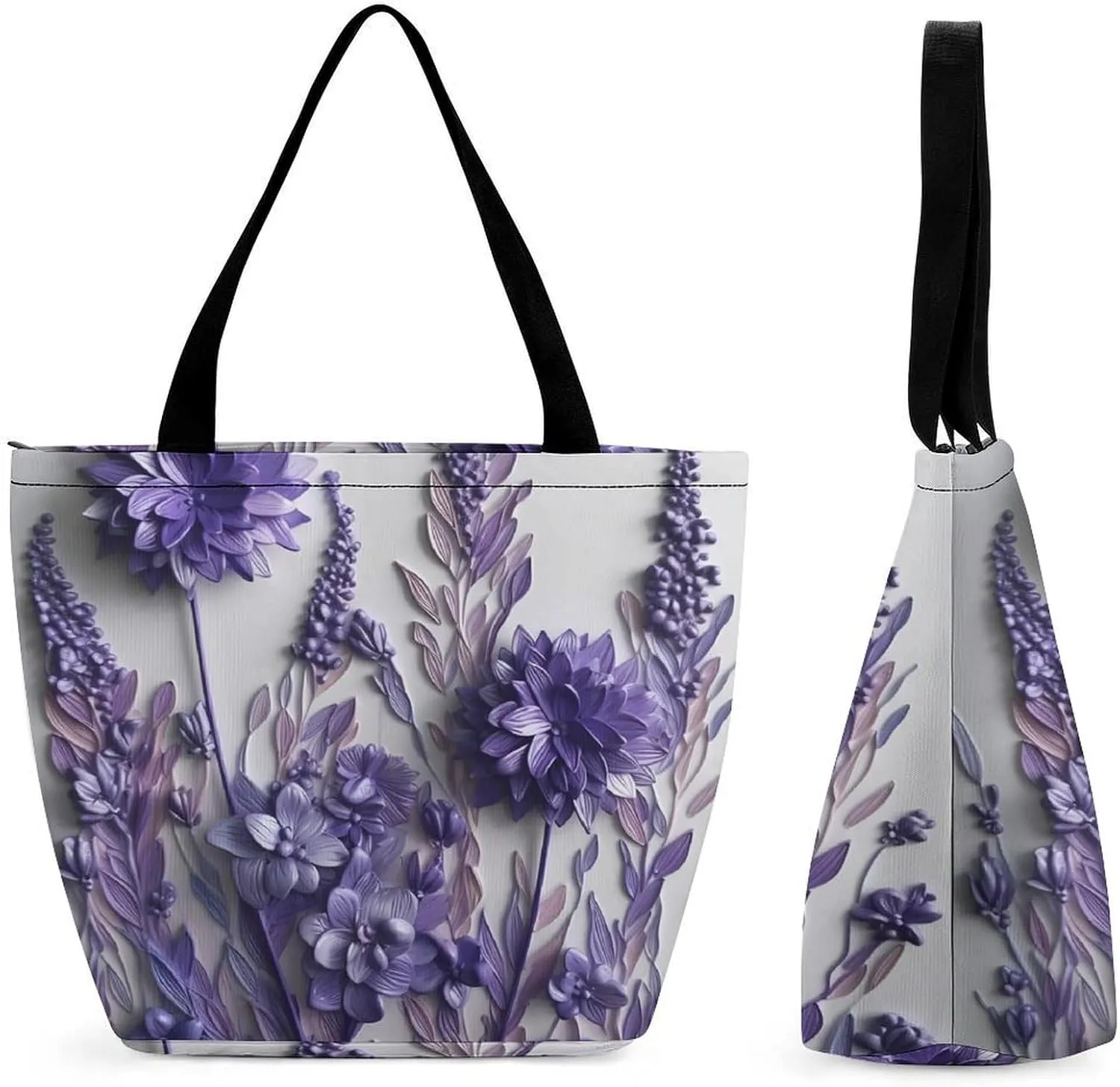 Tote Bag for Women Grocery Bag Purple Flower Foldable Shopping Bags Reusable Large Tote Bag