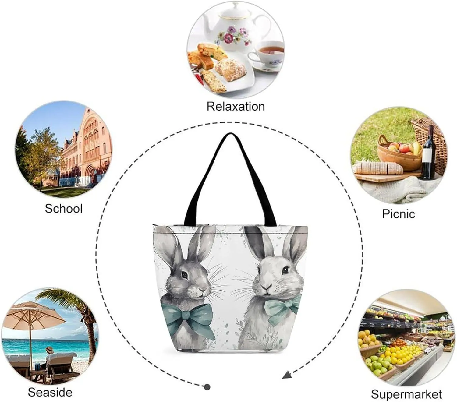 Tote Bag for Women Grocery Bag Rabbit Holding Heart Foldable Shopping Bags Reusable Large Tote Bag