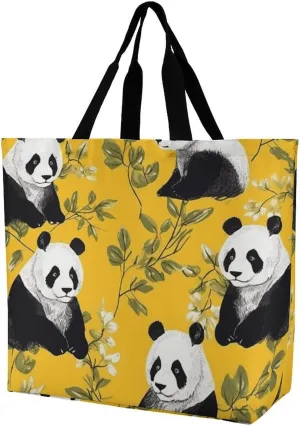 Tote Bag Grocery Bag for Women Shopping Bag Panda on Yellow Background Handbags Beach Bag Shoulder Bag for Shopping