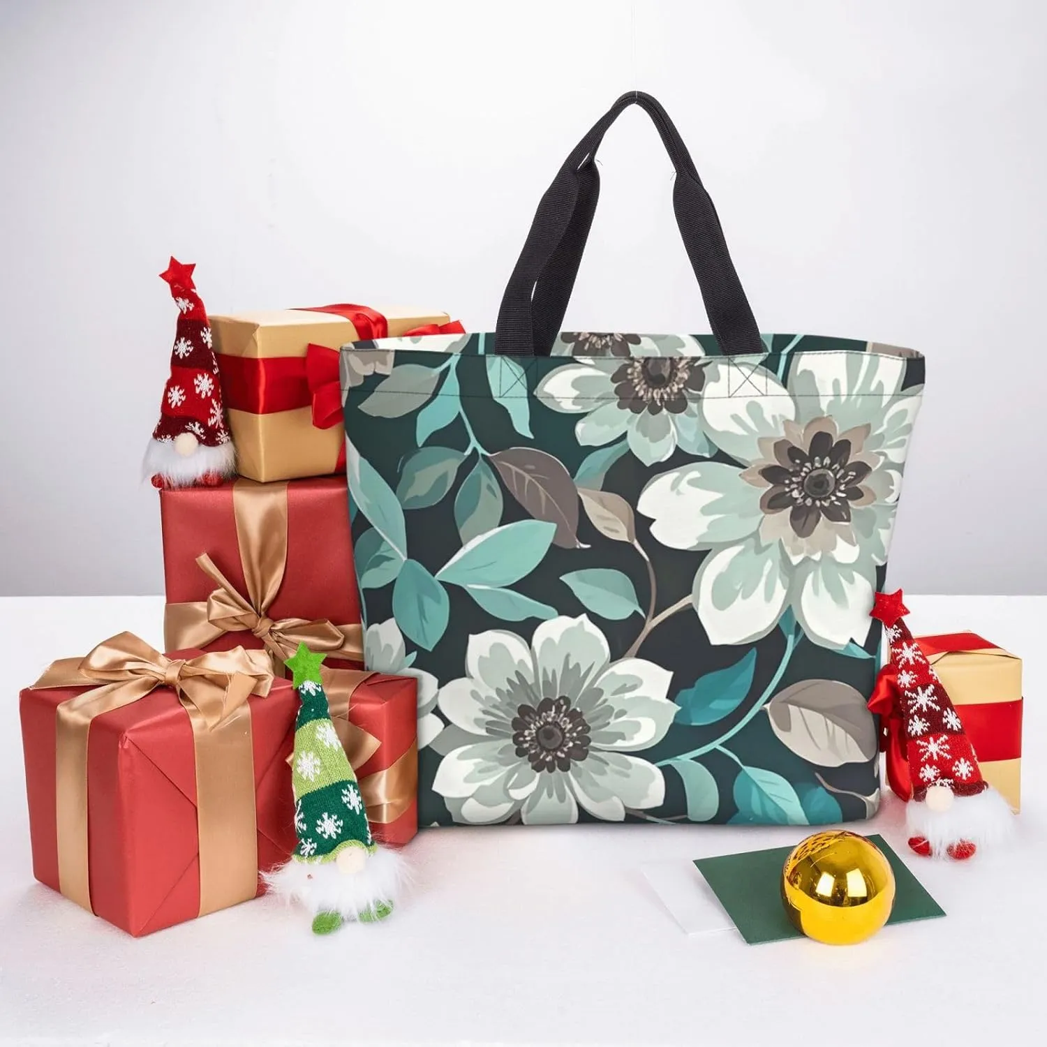 Tote Bag Large Capacity Grocery Bag With Zipper Teal Grey and White Floral Shopping Bag Shoulder Bag for Women