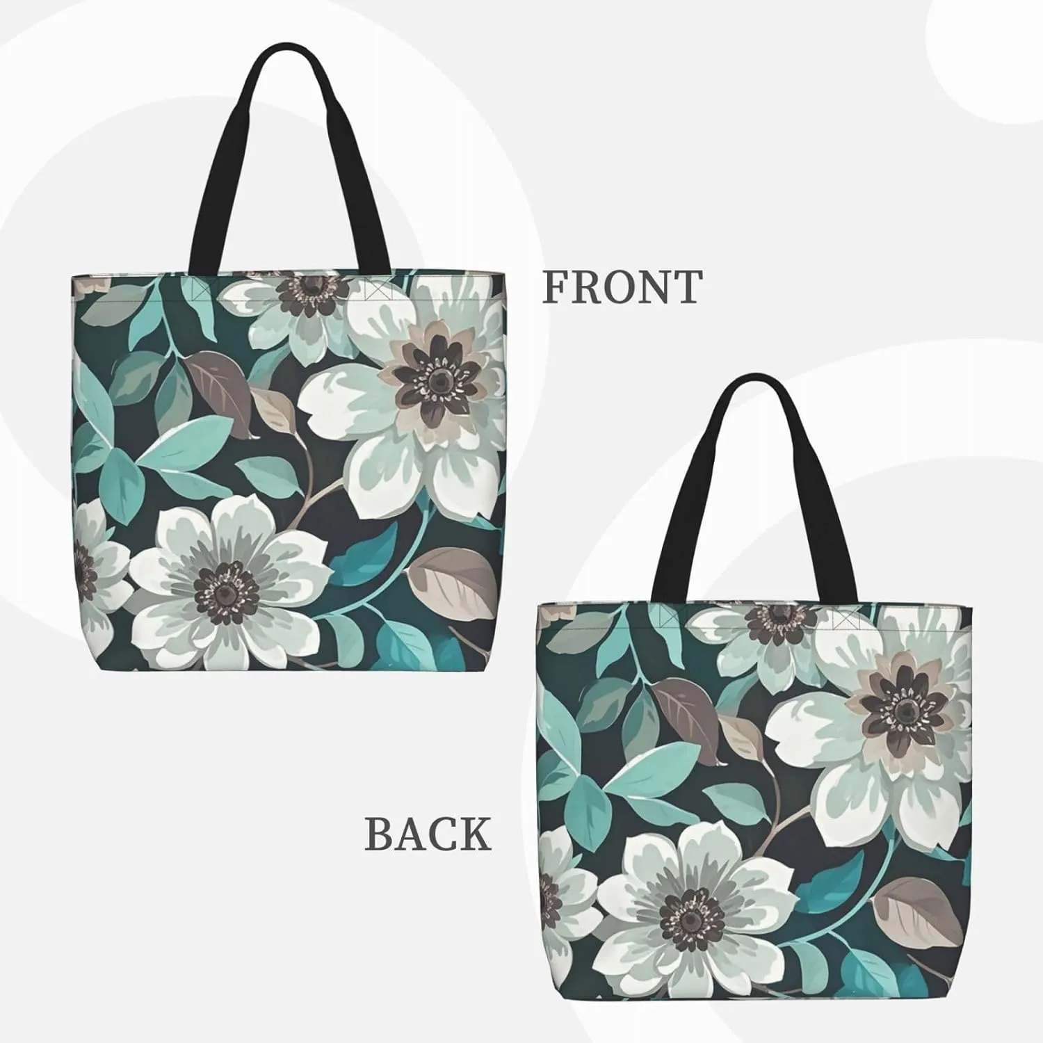 Tote Bag Large Capacity Grocery Bag With Zipper Teal Grey and White Floral Shopping Bag Shoulder Bag for Women